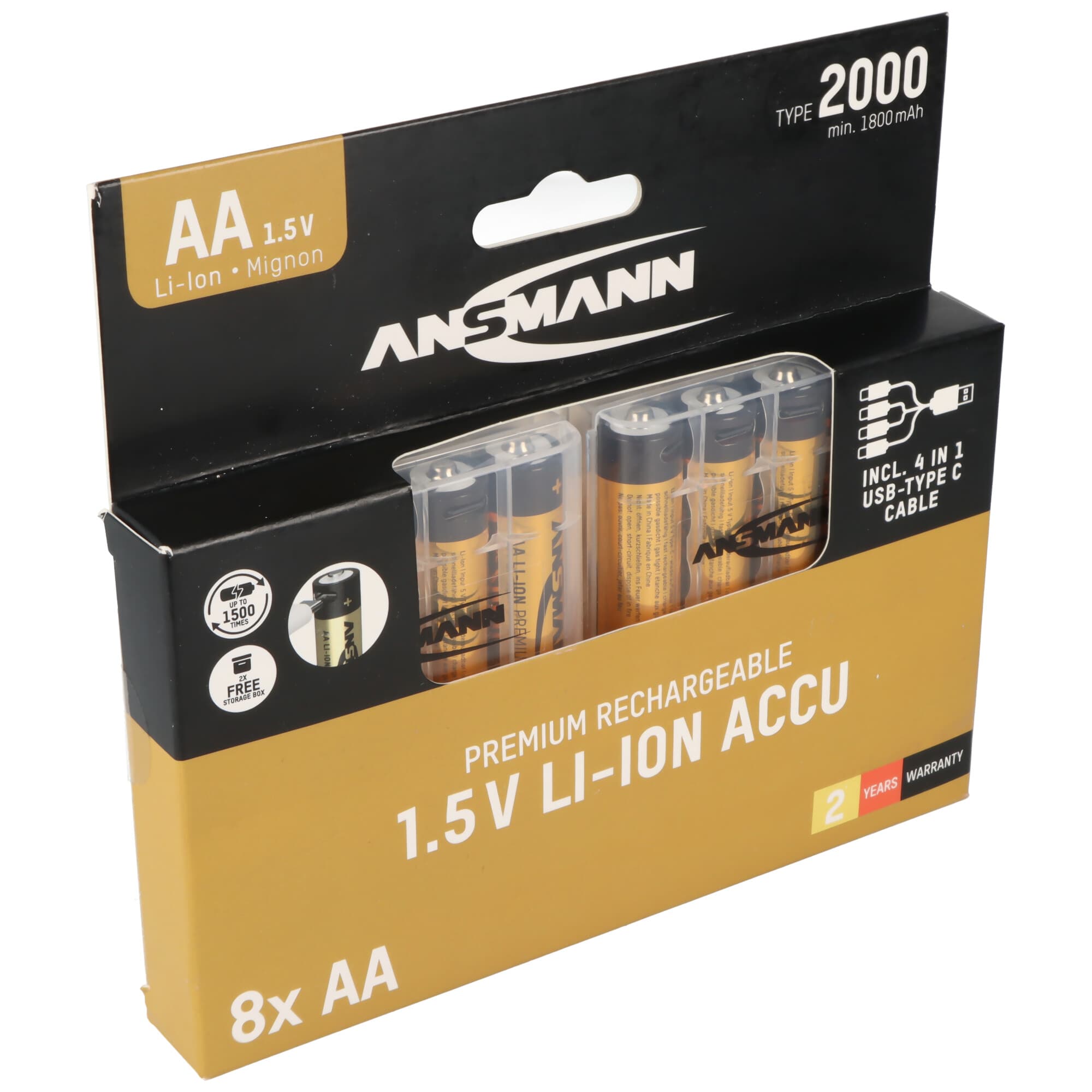 8 piles rechargeables Li-Ion Ansmann Premium, type AA, 2000 mAh, avec chargement USB-C, lot de 8 comprenant 2 boîtiers à piles et un câble de