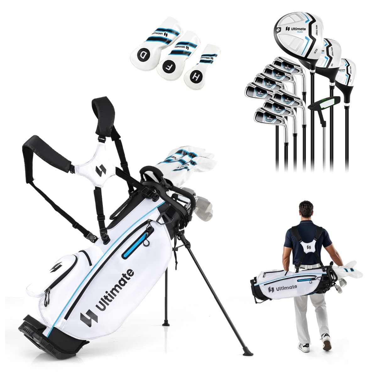 CostwayEnsemble Complet de Clubs de Golf pour Hommes 15 Pièces Droitier avec Sac de Golf Ensembles de Clubs de Golf Blanc
