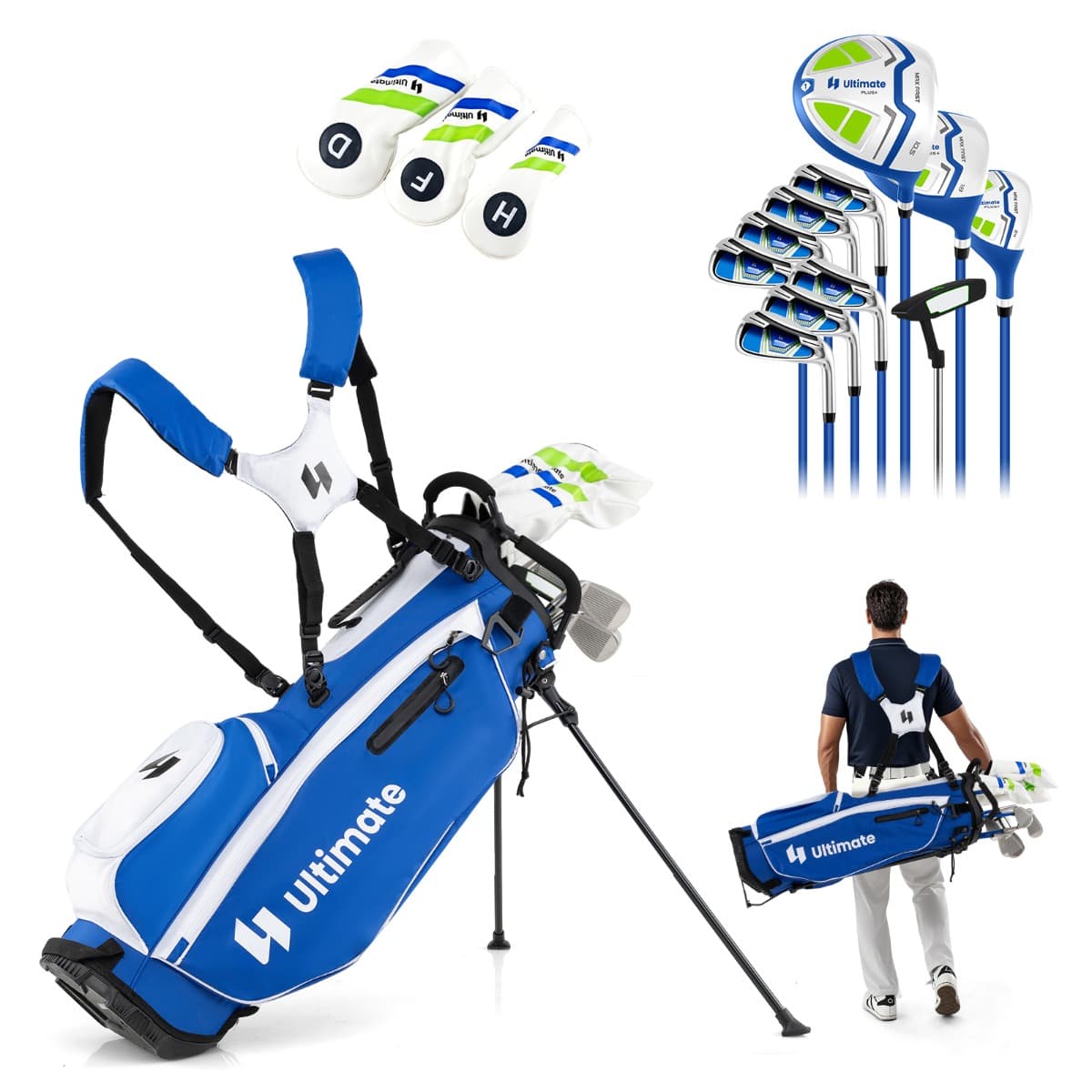 CostwayEnsemble Complet de Clubs de Golf pour Hommes 15 Pièces Droitier avec Sac de Golf Ensembles de Clubs de Golf Bleu