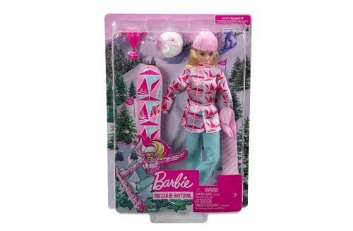 Coffret barbie sport d'hiver - poupee snowbordeuse avec accessoires - blonde articulee - set metier sportive et carte