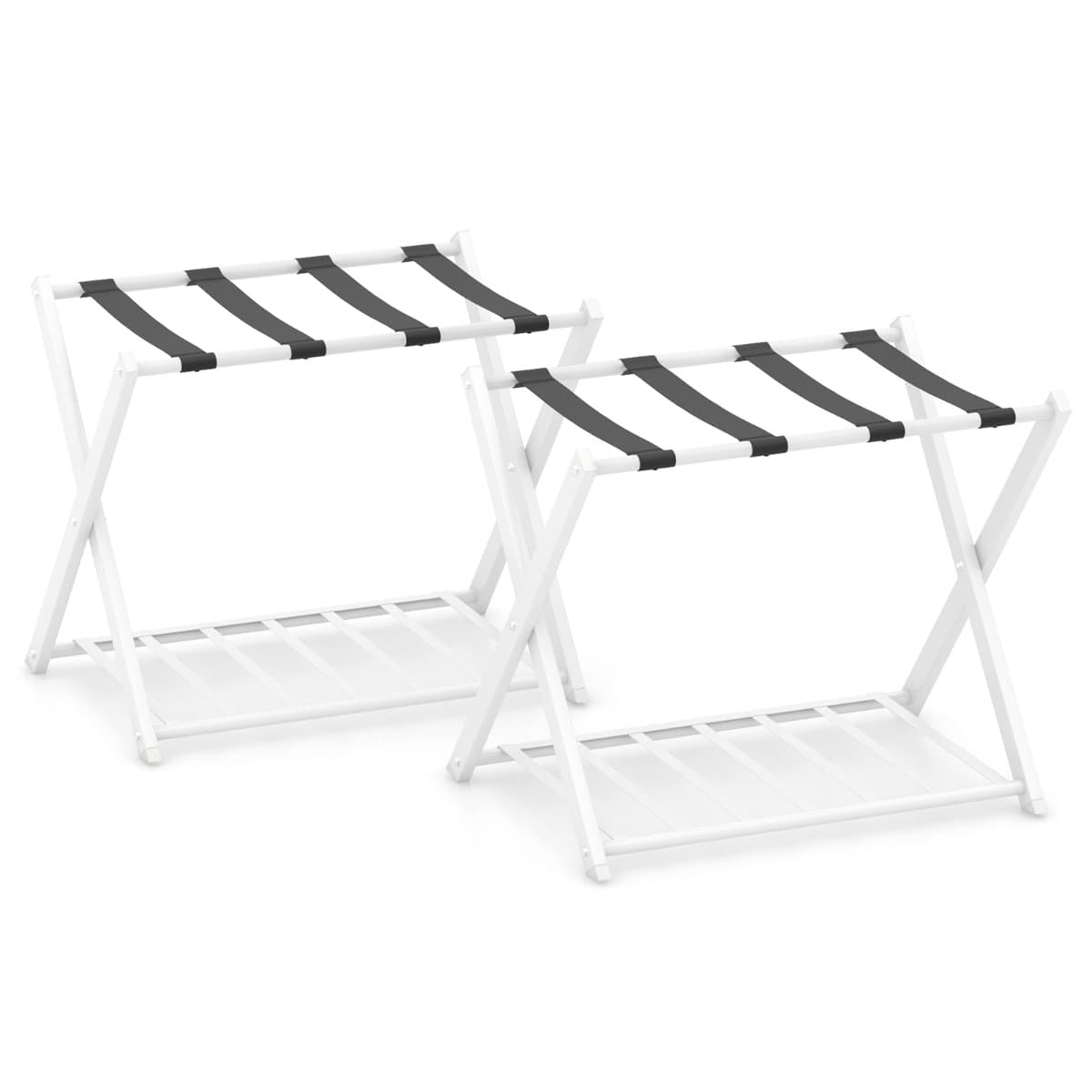 Costway2 Supports de Bagages Pliable Porte Valise avec 2 Etages et 4 Sangles en Métal Blanc